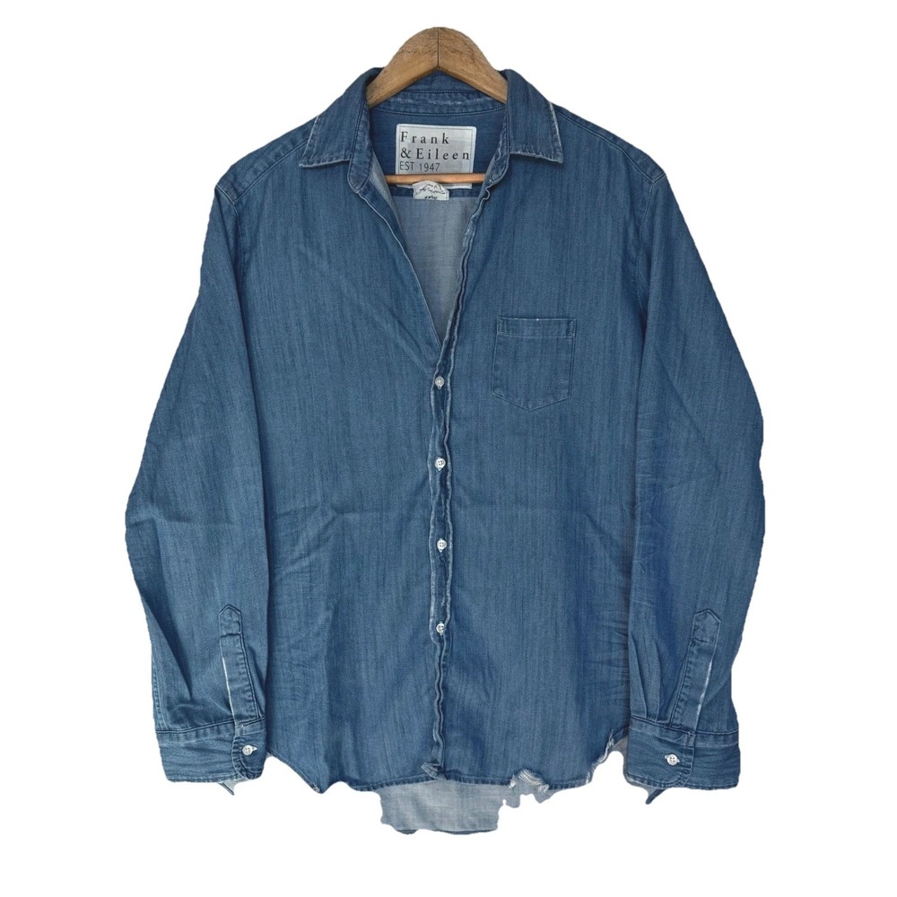Frank & Eileen Denim Shirt Women's Large Blue Raw Distressed Hem USA Made Top